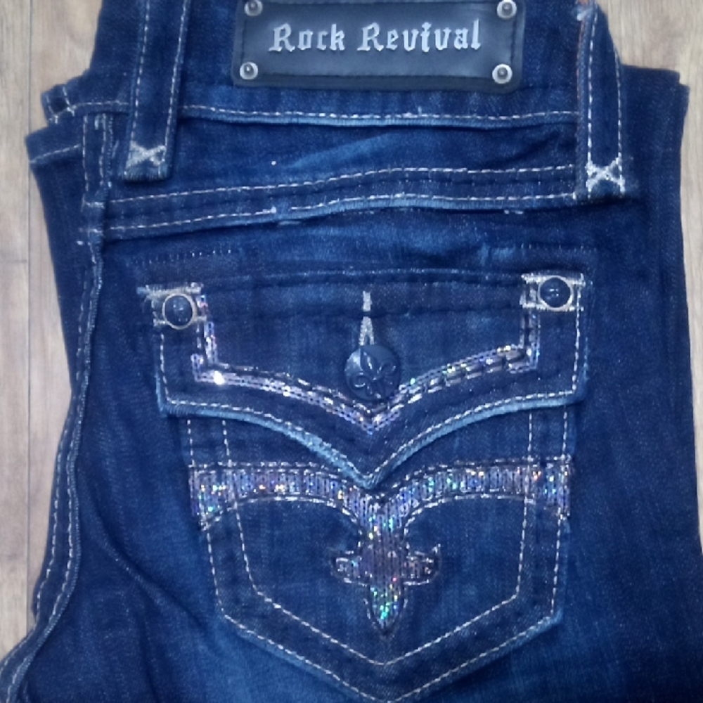 Rock Revival NWOT Women's 26 Bootcut Madison Shimmer Flap Pockets Distressed